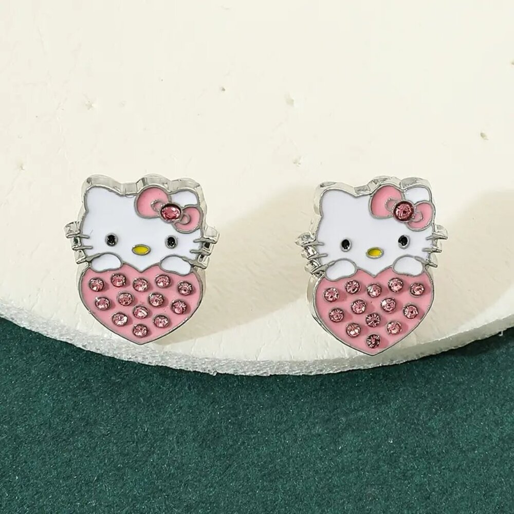 new SANRIO heart shaped HELLO KITTY pink RHINESTONE fashion STUDS earrings